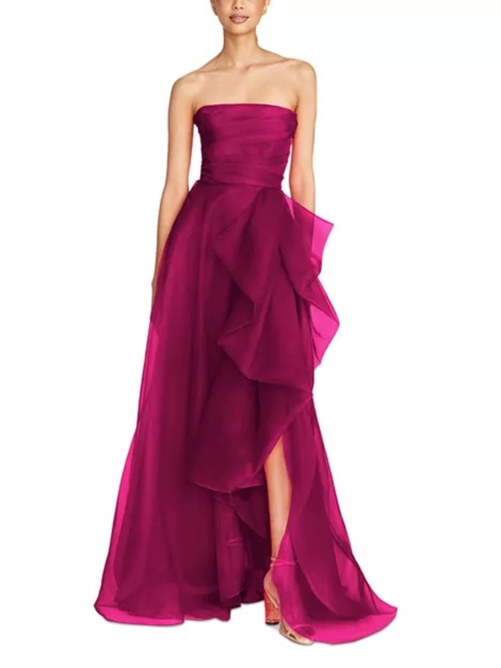 Theia Size 6 Magenta Side Drape Strapless Tulle Maxi Gown Dress
